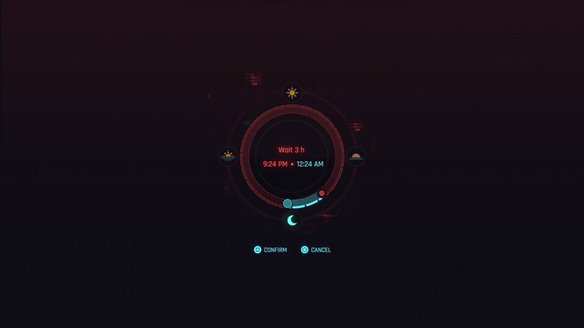 Cyberpunk 2077's Skip Time screen